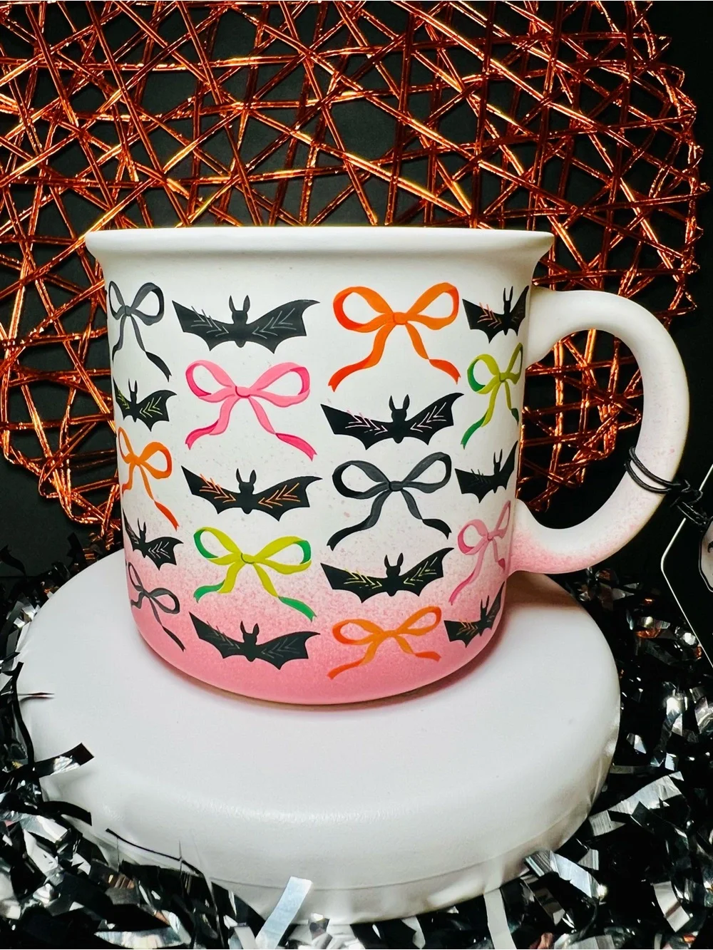 Halloween Pink Ombré Mug Ribbon Bows & Black Vampire Bats Stoneware